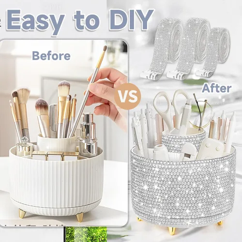 Miniatura 6 de Yi-gog Organizador de maquillaje giratorio de 360° con soporte para brochas de bricolaje con diamantes para mujeres y niñas, tocador, escritorio