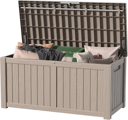 Miniatura 20 de Caja de cubierta para exteriores de 120 galones, cajas de almacenamiento impermeables con cerradura para herramientas de jardín, cojines de Gris