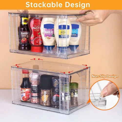 Miniatura 5 de Paquete de 2 cajones apilables grandes, organizadores de cajones de acrílico transparente con asas, fácil de montar para debajo del fregadero, baño