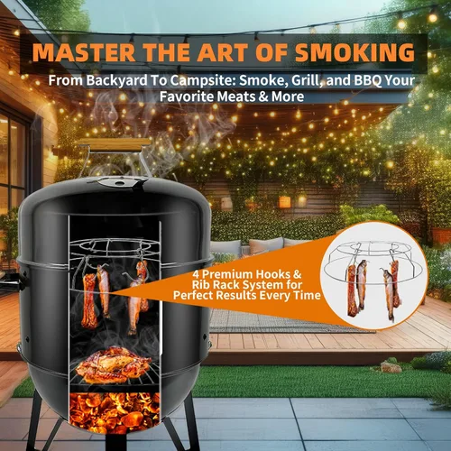 Miniatura 4 de Realcook - Parrilla de carbón para barbacoa y ahumador: Ahumadores verticales de carne de 17 pulgadas de alta resistencia - Juego de parrilla