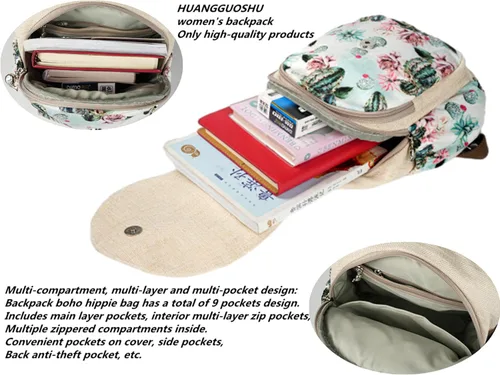 Miniatura 18 de HUANGGUOSHU Mochila de algodón tejida de algodón bohemio con bordado de lona estilo bohemio con múltiples bolsillos retro linda mochila cartera