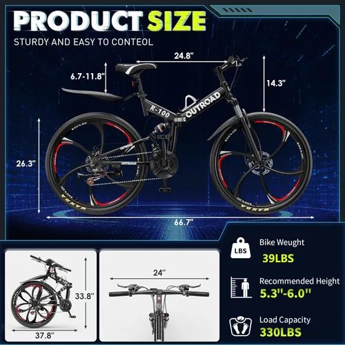 Miniatura 4 de Max4out Bicicleta de montaña plegable de 26 pulgadas, bicicleta de suspensión completa de 21 velocidades, freno de doble disco, neumático