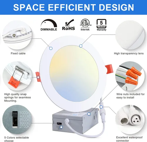 Miniatura 5 de Paquete de 40 luces LED empotrables ultrafinas de 4 pulgadas con caja de conexiones -5CCT 2700K/3000K/3500K/4000K/5000K seleccionables, 9W 720LM