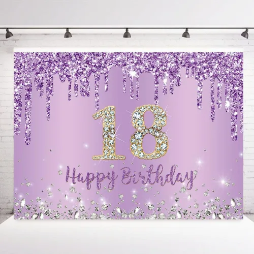 INRUI Fondo de fotografía de feliz cumpleaños 18 color morado para niñas, decoración de fiesta de cumpleaños de dieciocho años, 7 x 5 pies
