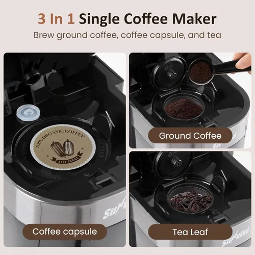Miniatura 2 de Cafetera de una sola porción 3 en 1, cafetera para cápsulas K-Cup, café molido y tés, depósito de agua extraíble de 30 onzas, tamaños de preparación