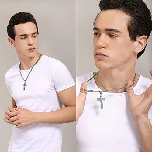 Miniatura 2 de WW Lifetime - Collar de cruz para hombres y niños, collar con colgante de cruz doble de acero inoxidable con cadena de eslabones cubanos de 24