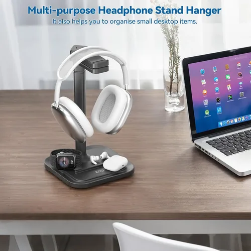 Miniatura 3 de KDD Soporte doble para auriculares para escritorio, colgador giratorio para auriculares con soporte para teléfono, base antideslizante extraíble