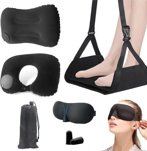 Set de Viaje Portátil para Dormir en Avión, 2 Almohadas Inflables de Viaje, Reposapiés Tipo Hamaca, Máscara para los Ojos y Tapones para los Oídos