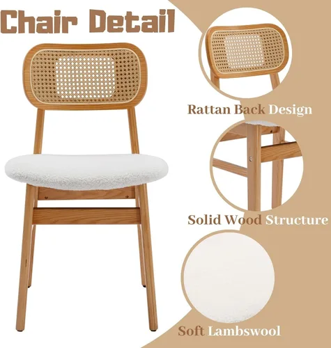 Miniatura 3 de ROCITY Juego de 4 sillas de comedor de ratán, sillas de comedor de lana de cordero blanca, sillas de cocina de madera natural, sillas de granja