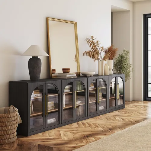 Miniatura 56 de BELLEZE Aparador Modular Acanalado Buffet con Almacenamiento, Mesa Consola Moderna de Mediados de Siglo con Puertas Arqueadas Simétricas, Elegante