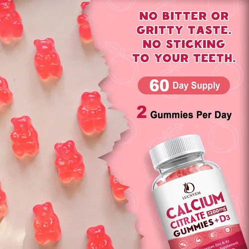 Miniatura 3 de Paquete de 2) Gomitas de citrato de calcio 1200mg con vitamina D3 para mujeres y hombres, Gomitas de calcio con vitamina D3 K2, Alta absorción