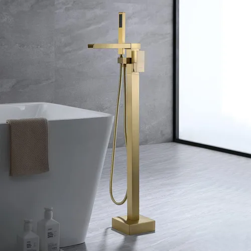 Miniatura 9 de Taplong Grifo de bañera independiente de oro cepillado con relleno de bañera de pie en cascada de alto flujo con ducha de mano-51001ZBGG