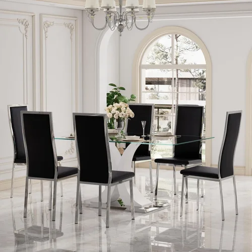 Miniatura 25 de Moderno juego de mesa de comedor rectangular de vidrio para 4, 63 pulgadas, mesa transparente de cocina de lujo con base negra y dorada, 4 sillas