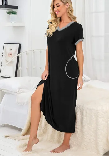 Miniatura 4 de PrinStory Camisón de manga corta para mujer, con cuello en V, suave, ropa de dormir informal con bolsillos