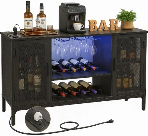 Homieasy Armario de bar de vino con tomas de corriente y luces LED, gabinete de barra de café industrial con estante para vino para bar en casa,