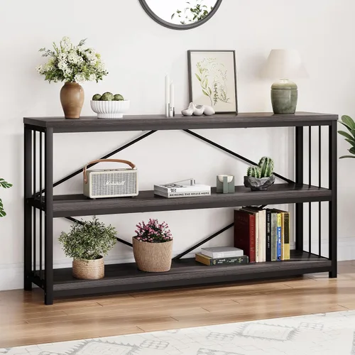 LVB Mesa consola industrial, mesa de sofá de metal y madera, mesa de entrada rústica con almacenamiento, moderno estante de 3 niveles mesa larga