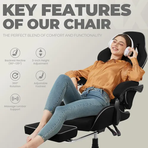 Miniatura 7 de Dowinx Silla de juegos de tela con cojín de resorte de bolsillo, silla de juegos de masaje con reposacabezas, silla ergonómica para computadora