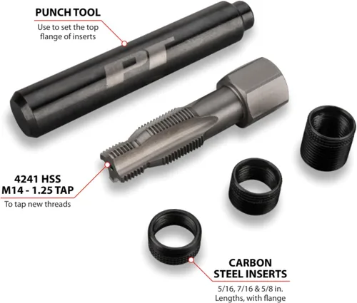 Miniatura 2 de Performance Tool W86910 Kit de reparación de bujías M14-1.25 Tamaño de rosca y escariador cónico HSS, (3) insertos de acero inoxidable 503