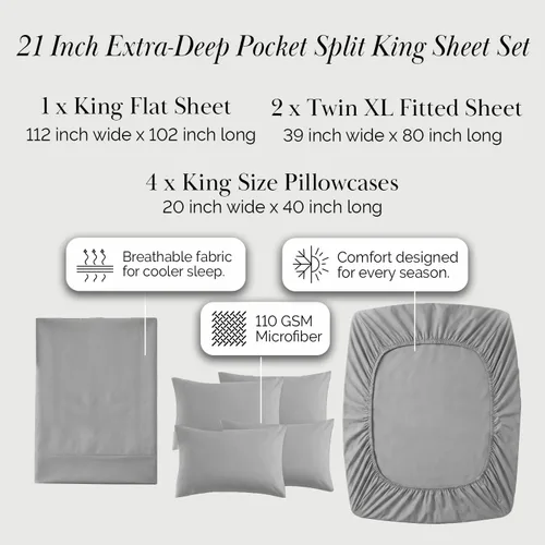 Miniatura 185 de Southshore Fine Living, Inc. Juego de 7 piezas de sábanas King divididas para cama ajustable, juego de sábanas King divididas con bolsillo de 21
