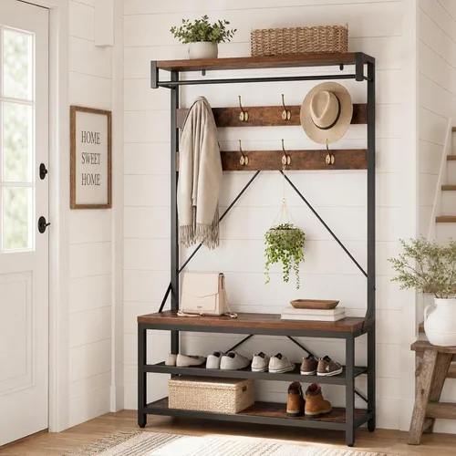 Miniatura 9 de IDEALHOUSE Perchero Banco para Zapatos Árbol de Entrada Industrial Banco de Almacenamiento para Entrada, Aspecto de Madera Acento Estante Grande