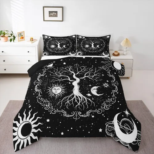 Erosebridal Juego de ropa de cama con diseño de árbol de la vida, juego de edredón de sol y luna, ropa de cama gótica bohemia tamaño individual, 2