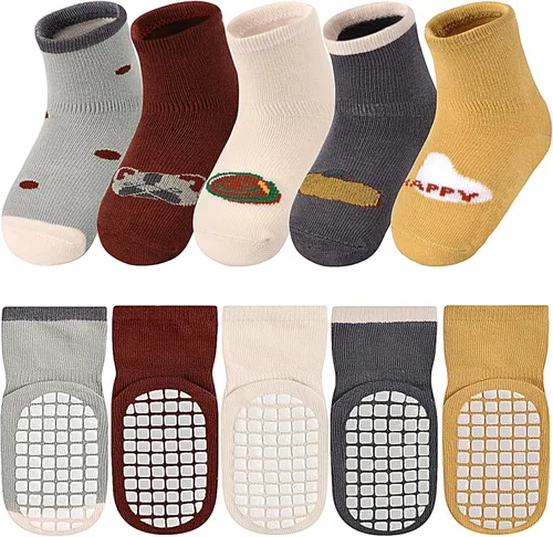 JAKIDAR Calcetines antideslizantes para bebés y niños pequeños con agarres, 5 pares de calcetines para caminar