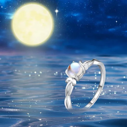 Miniatura 2 de Anillo de piedra lunar genuina para mujer, plata esterlina 925, arco iris, doble luna, infinito, anillo de compromiso de piedra lunar redonda