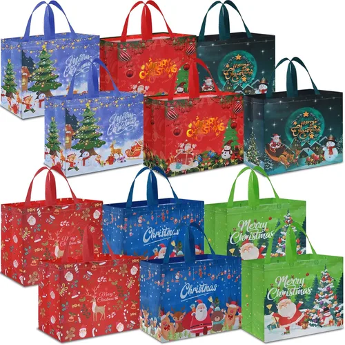 AhfuLife 12 piezas bolsas de regalo de Navidad extra grandes, 15.7'' x 14.2'' x 5.9'', bolsas tipo tote de Navidad con asas, bolsa de compras A: 12