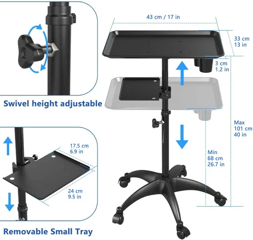Miniatura 2 de Carrito de Bandeja de Salón con Plataforma de Almacenamiento, Bandeja de Tatuaje de Aluminio con Ruedas Carrito de Altura Ajustable, Equipo
