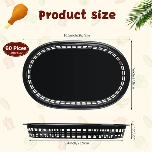 Miniatura 2 de Potchen 60 cestas de comida rápida para servir 10.5 x 7 pulgadas, cesta de plástico ovalada retro, bandeja de servicio de alimentos para Negro
