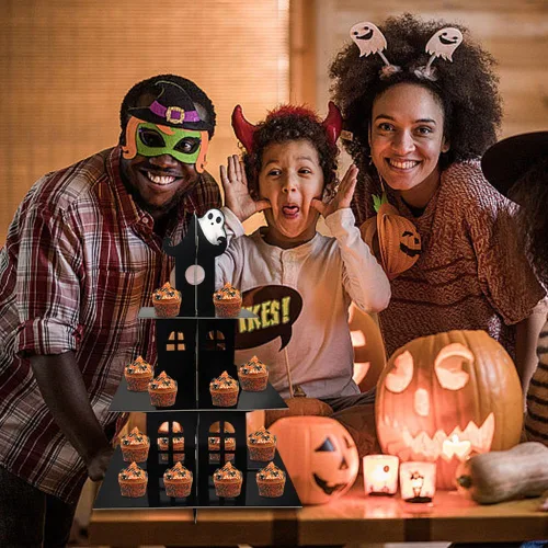 Miniatura 6 de Soporte de 3 niveles para cupcakes de Halloween, castillo de Halloween, soporte redondo de cartón, torre de postre, torre de árbol de postre