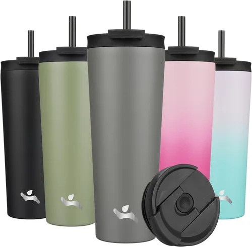Miniatura 48 de Konokyo Vaso aislado de 18 onzas con tapa y 2 pajillas, botella de agua de acero inoxidable, taza de viaje al vacío, taza de café, color blanco ángel