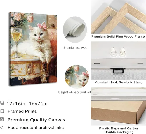 Miniatura 5 de Elegante lienzo vintage para pared, diseño de gato blanco caprichoso, divertido y retro, cuadro de carrito de bar, pintura ecléctica de animales