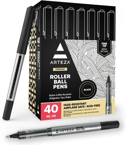 Miniatura 11 de Arteza Bolígrafos Rollerball, paquete de 40, bolígrafos de tinta líquida negra de 0.020 in para diario de viñetas, bolígrafo de punta fina, Negro