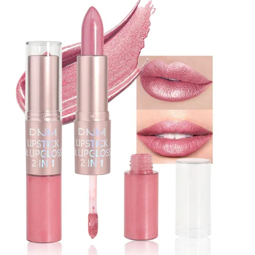 Miniatura 9 de evpct Juego de lápiz labial y brillo de labios 2 en 1 con purpurina color rosa nude metálico brillante para mujeres, de larga duración, impermeable