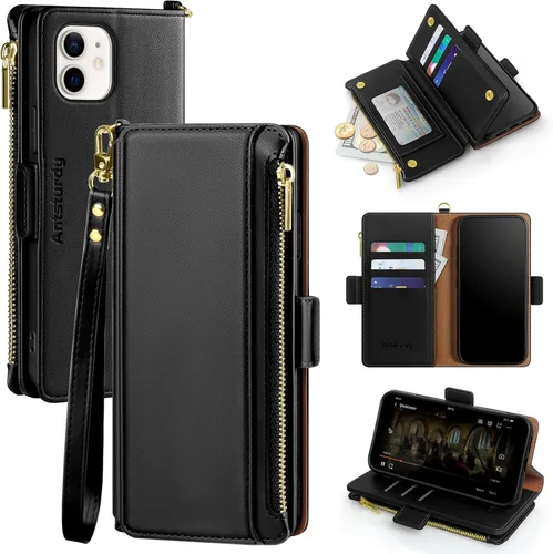 Miniatura 15 de Antsturdy Funda tipo cartera compatible con iPhone 12 Mini, funda de piel sintética con bloqueo RFID, funda para teléfono para mujeres y hombres