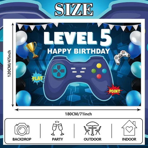 Miniatura 2 de Pancarta de nivel 5 desbloqueada con texto en inglés «Happy 5 Birthday» para decoración temática de videojuegos para niños y niñas, fiesta de 5