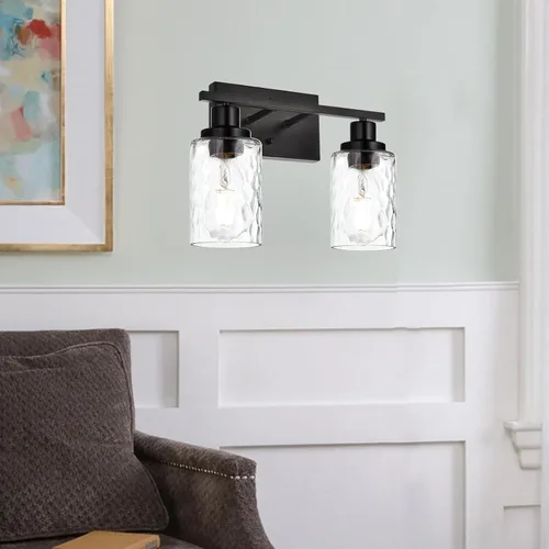 Miniatura 4 de MELUCEE Iluminación de pared interior 2 luces mate negra con vidrio martillado transparente, lámpara de pared moderna para tocador de baño
