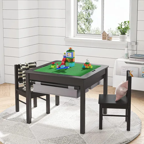 Miniatura 6 de UTEX Juego de mesa de construcción para niños 2 en 1 de madera con 2 sillas y cajones de almacenamiento, y base para legos integrada compatible
