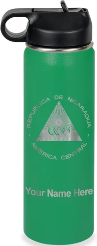 Miniatura 37 de LaserGram Botella de agua personalizada, bandera de Nicaragua, acero inoxidable de doble pared aislada al vacío con popote superior, regalo grabado