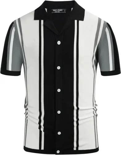 Miniatura 2 de PJ PAUL JONES Men's Stripe Button Down Knit Polo Shirts Short Sleeve Vintage Cardigans