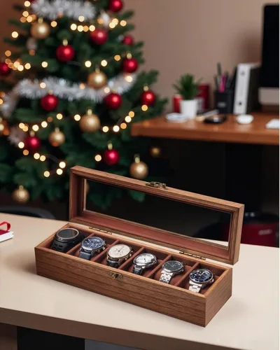 Miniatura 2 de Caja de reloj para hombres y mujeres, tapa de cristal grande, caja de almacenamiento de madera con 6 ranuras, organizador retro Burlywood