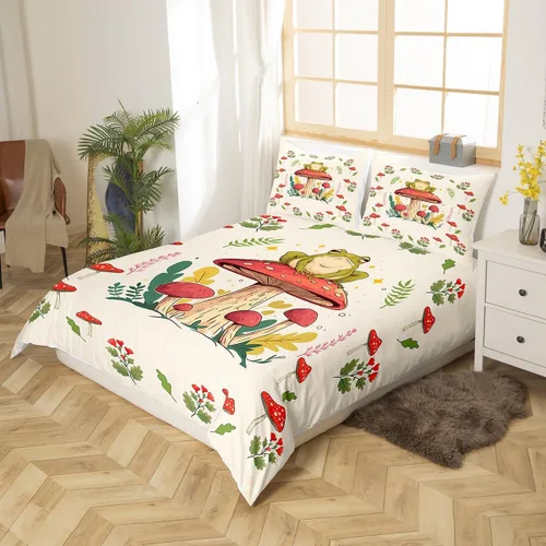 Miniatura 3 de Juego de funda de edredón con estampado de rana para niños, juego de ropa de cama Kawaii para decoración de habitación, diseño de hongos y rana