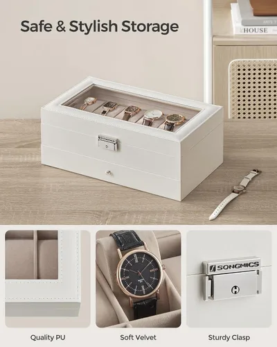 Miniatura 33 de SONGMICS UJWB012 - Caja de reloj de 12 ranuras, caja de reloj con cerradura con tapa de vidrio, 2 capas, con 1 cajón para anillos, pulseras, idea