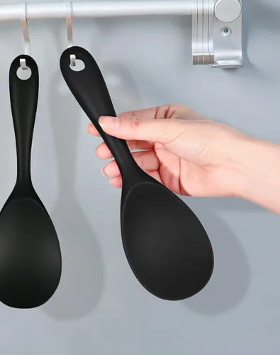 Miniatura 6 de FireKylin 2 piezas paleta de arroz de silicona, cuchara espátula antiadherente para arroz, cuchara para arrocera resistente al calor (negro)