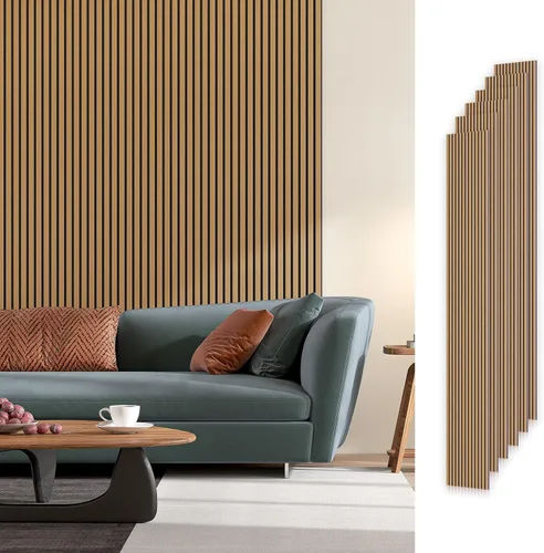 Miniatura 10 de Paquete de 6 paneles de pared de madera acústica, 94.5 x 8 pulgadas cada uno panel de pared insonorizado, paneles de listones de madera estriada 3D
