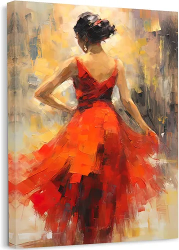 Miniatura 10 de GLOKAKA Arte abstracto de la pared de niña bailarina contemporánea con falda roja con parte superior azul y falda roja, obra de arte para decoración