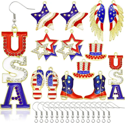 QuneusHot 30 dijes esmaltados de bandera estadounidense, 4 de julio, patrióticos, colgantes, decoración para manualidades, aretes, pulseras,