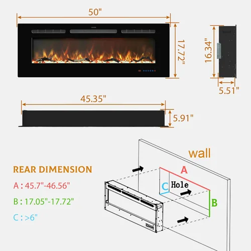 Miniatura 6 de Insertos de chimenea eléctrica de 50 pulgadas, chimenea eléctrica empotrada y de pared, chimenea lineal con termostato, pantalla táctil y control