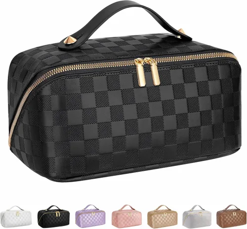 Bolsa de cosméticos de viaje de gran capacidad - Bolsas de maquillaje portátiles para mujeres, impermeable, de cuero PU a cuadros, con organizador